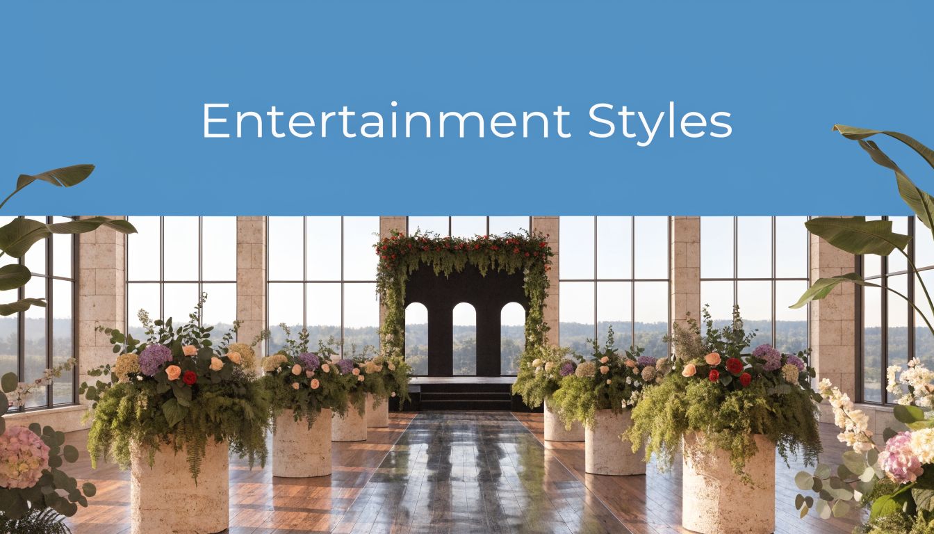 A sophisticated wedding ceremony venue featuring lush floral arrangements in stone planters and a beautiful arched backdrop.