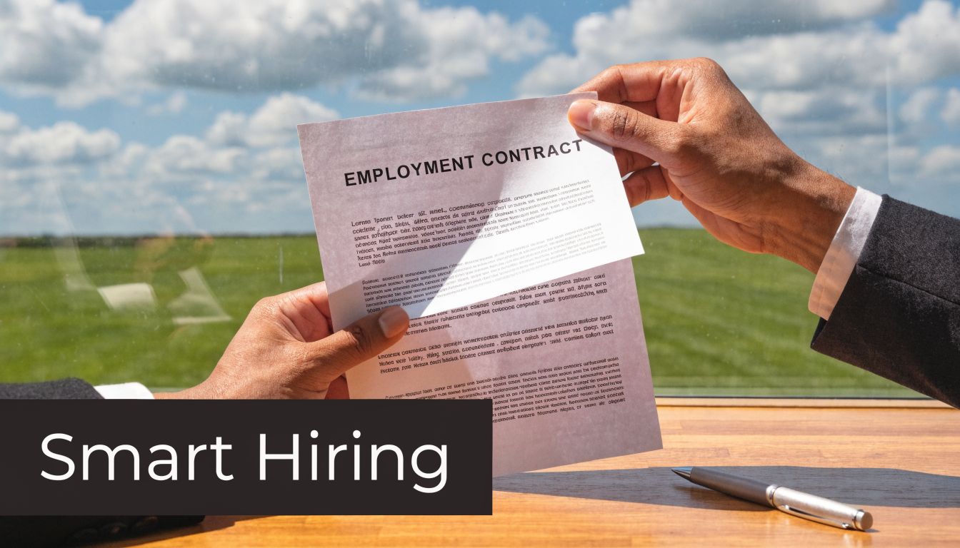 A professional handing an employment contract document over a wooden desk with a bright outdoor background.