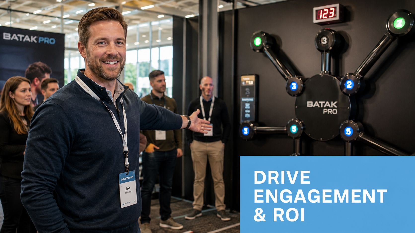 A smiling man in a blue sweater stands in front of a Batak Pro reaction game.