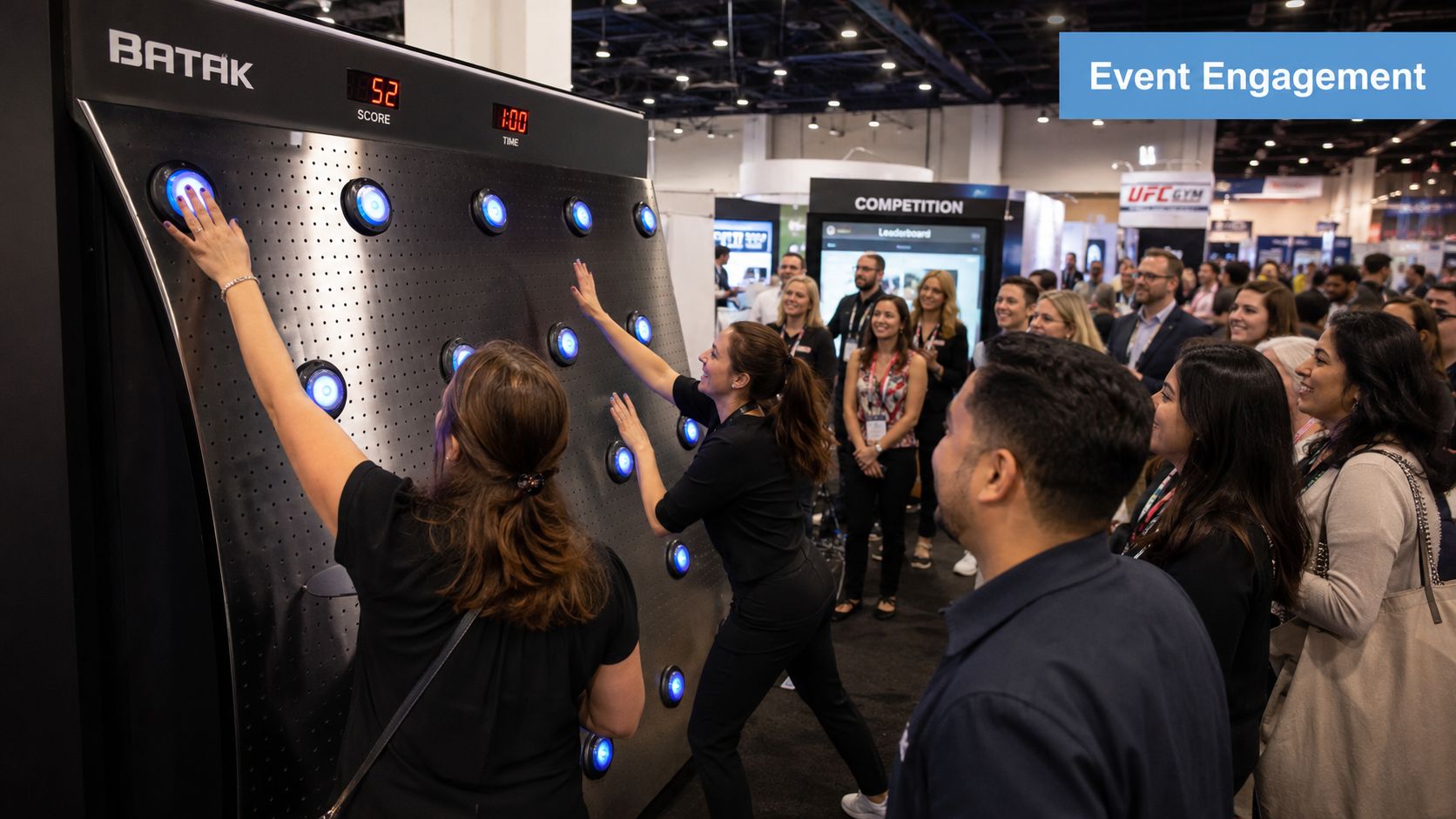 People participate in a competitive reaction speed game using a Batak wall at a trade show event.