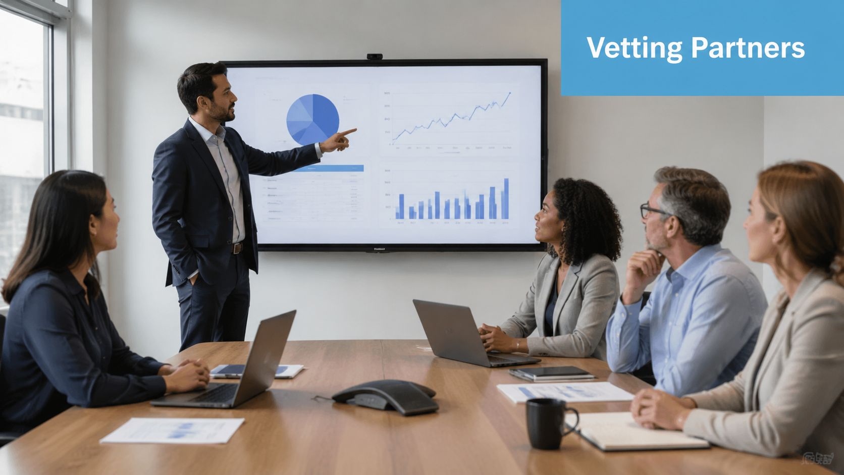 A professional business team having a meeting while looking at data charts on a screen.