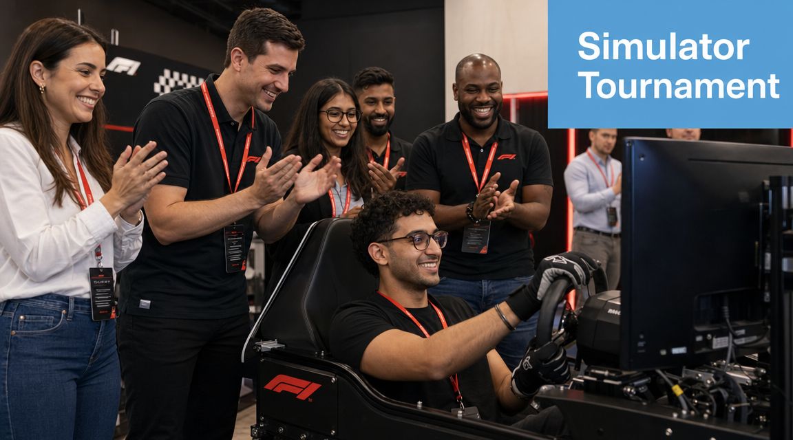 A group of colleagues cheering for a man playing a racing simulator in an office tournament.