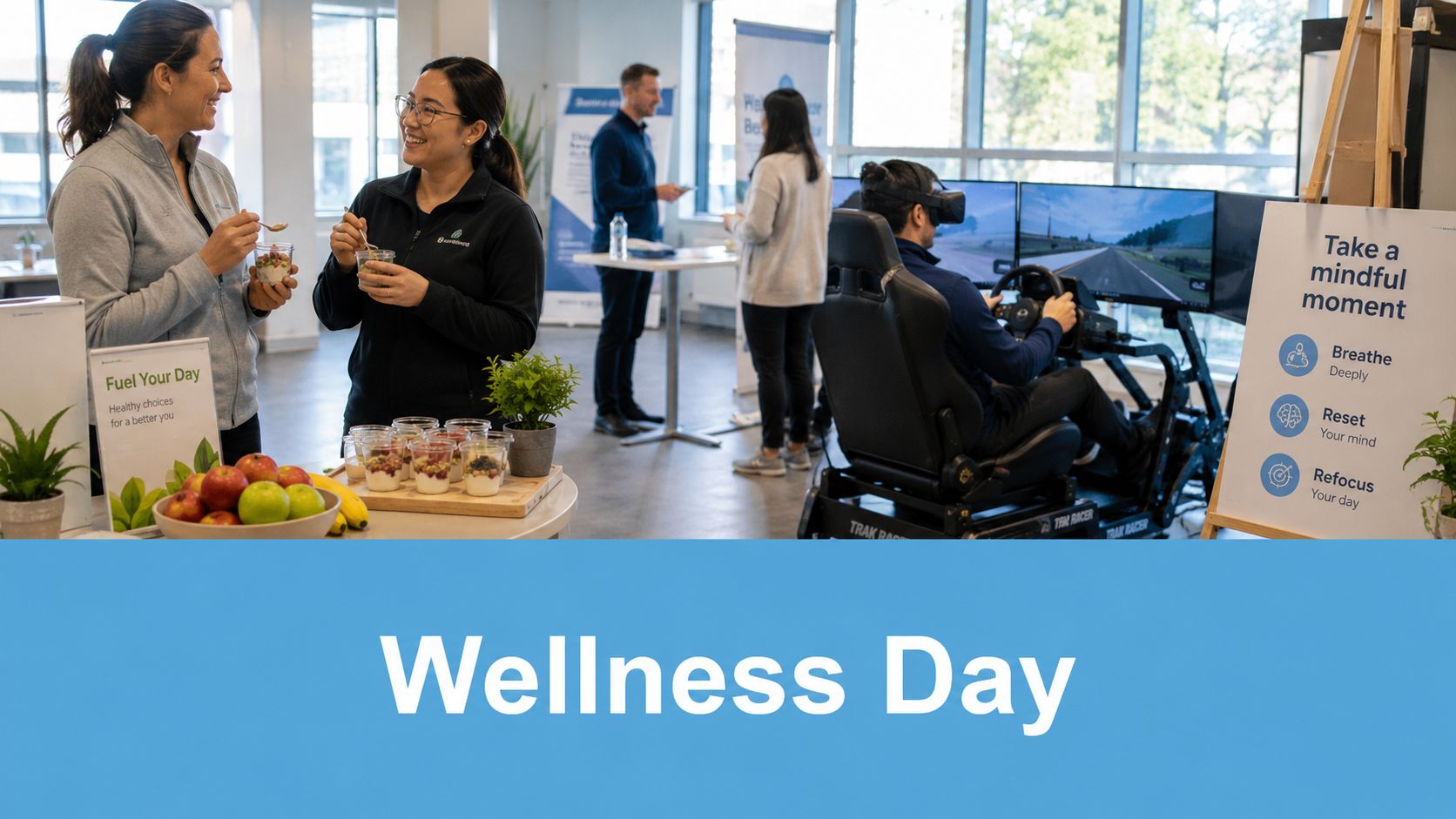 Colleagues socializing with healthy snacks and a virtual reality racing simulator at a corporate wellness event.