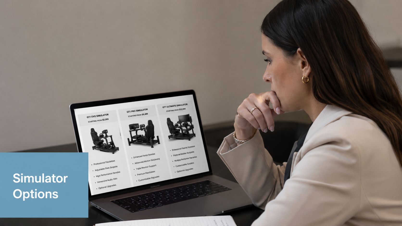 A woman looks at a laptop screen displaying various professional formula 1 car simulator options available online.