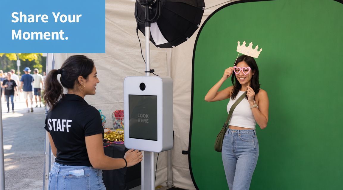 A smiling woman posing with photo booth props in front of a green screen at an event.