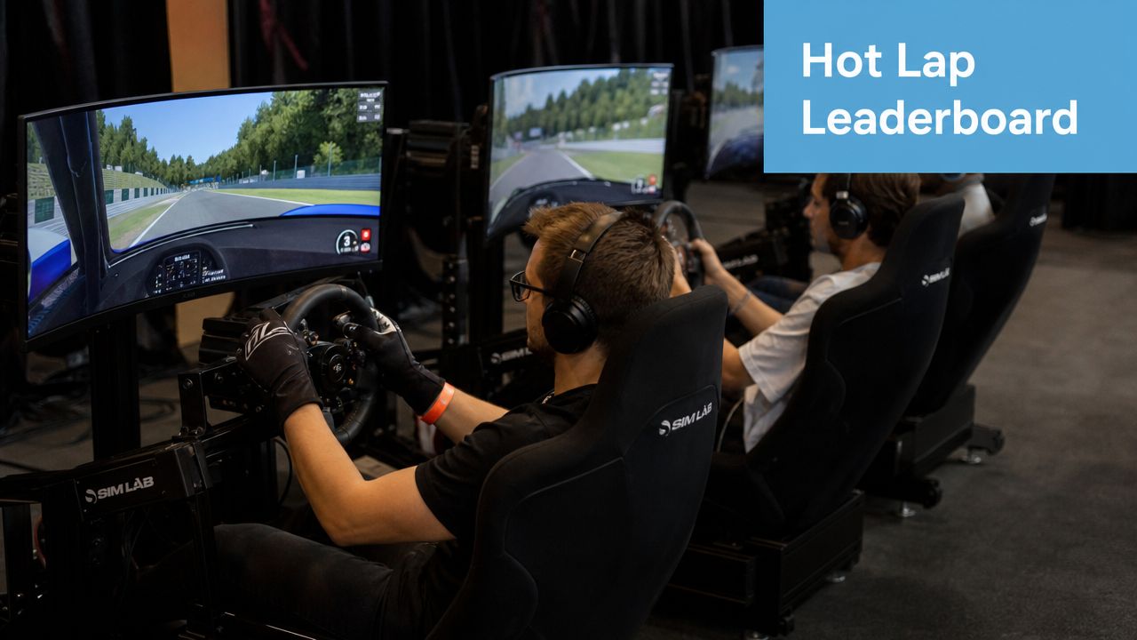 Two people wearing headphones participate in an immersive professional sim racing event using specialized cockpits.
