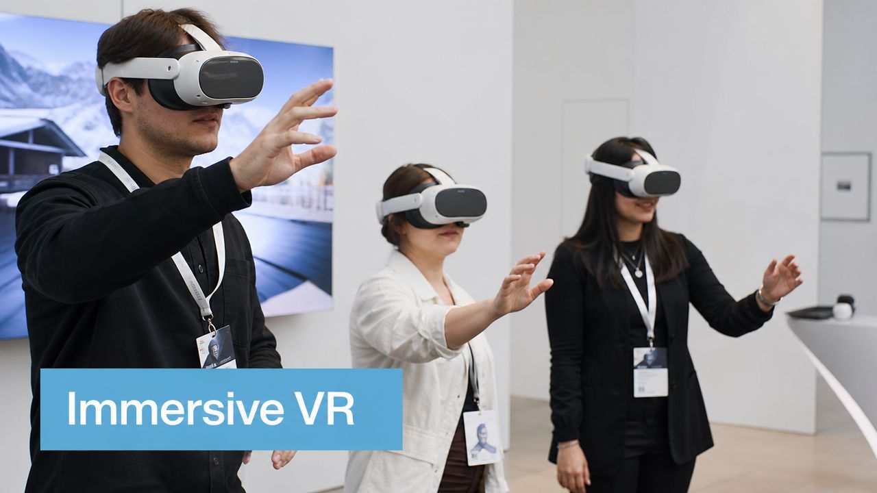 Three people wearing virtual reality headsets during an event, interacting with a simulated environment.