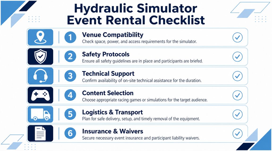 A checklist for renting a hydraulic simulator featuring six essential steps for event planning and setup.