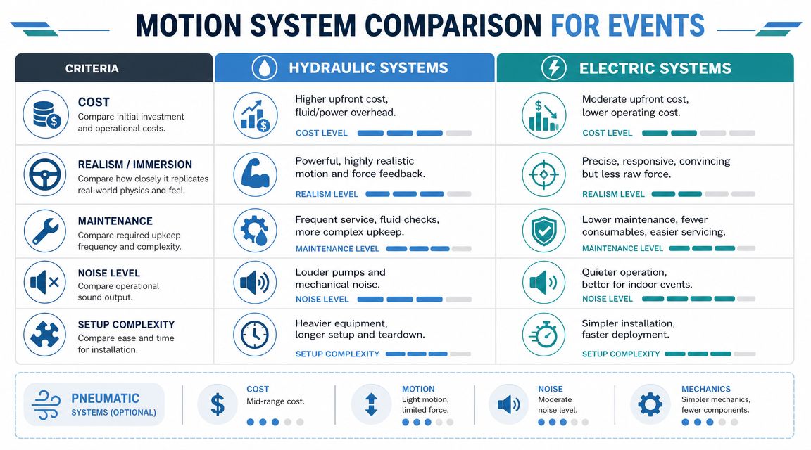 A comparison table detailing the pros and cons of hydraulic, electric, and pneumatic motion systems for events.