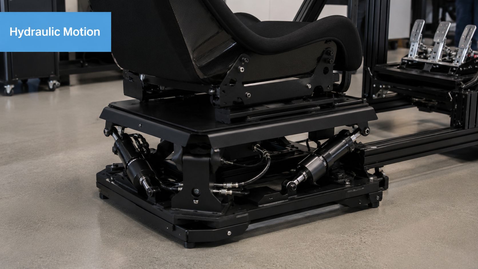 A close-up view of the hydraulic motion system underneath a professional racing simulator driver seat.