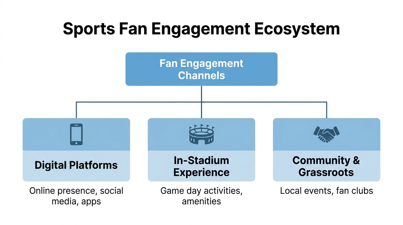 A diagram titled Sports Fan Engagement Ecosystem illustrating digital, in-stadium, and community channels for sports fans.