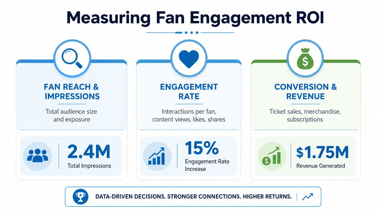 An infographic titled Measuring Fan Engagement ROI showing metrics for reach, engagement, and revenue generation.
