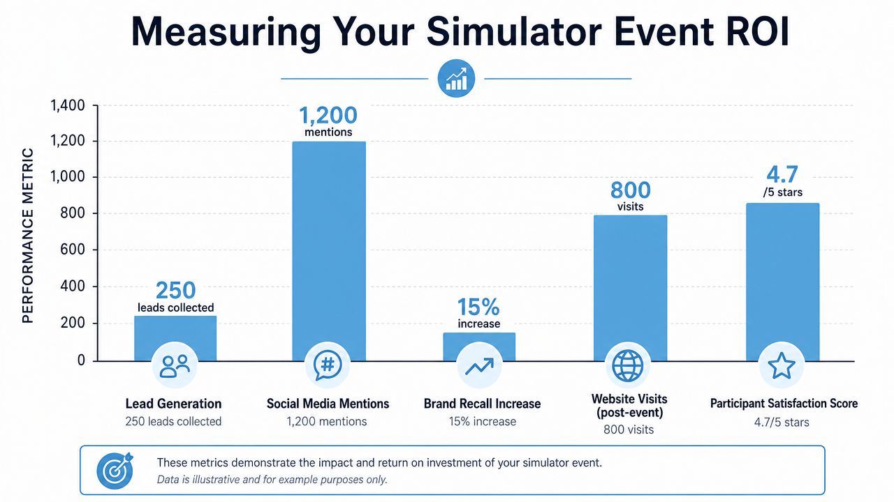 A bar chart showing various performance metrics for measuring simulator event ROI including leads, mentions, and satisfaction.