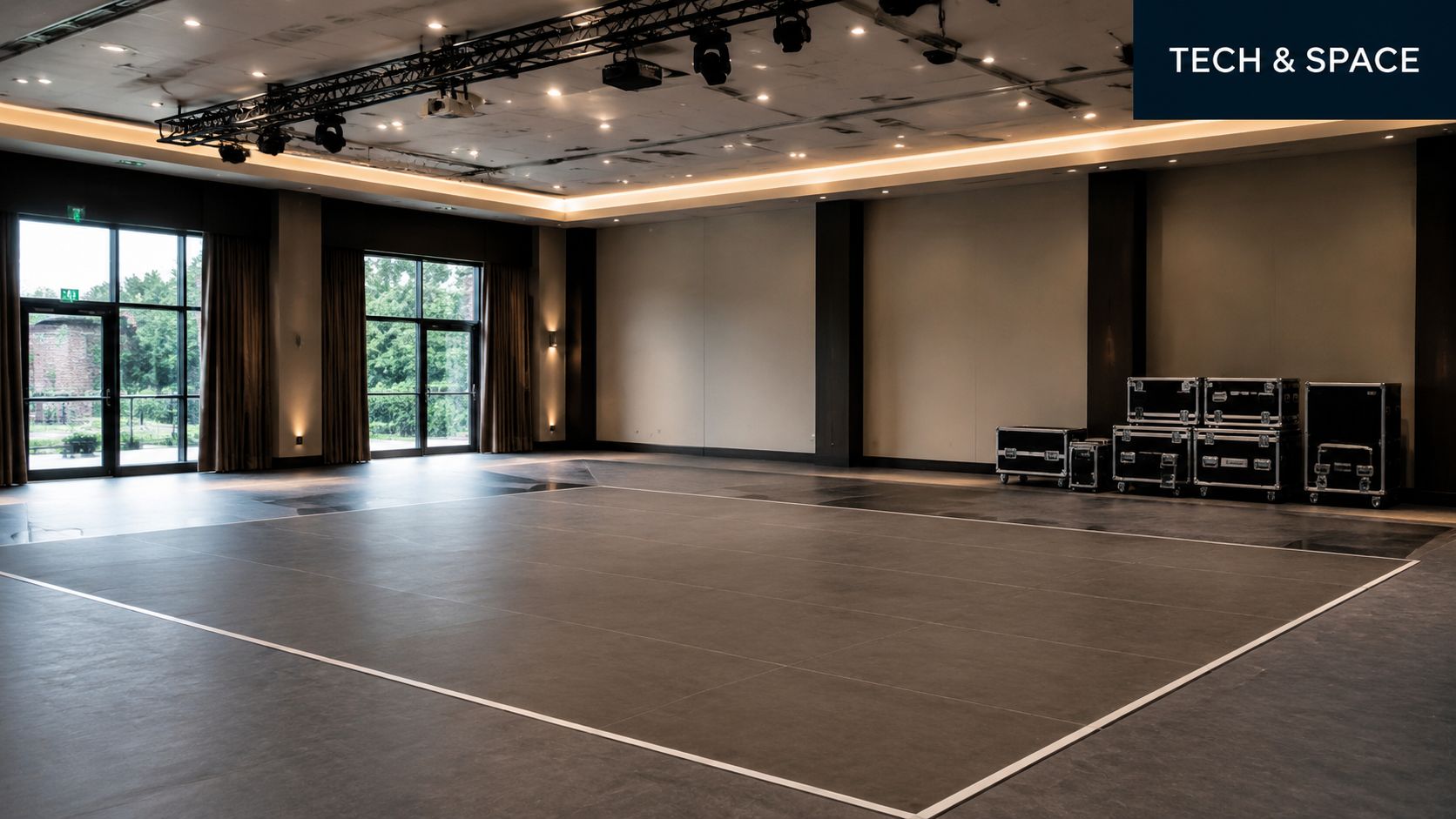 An empty indoor event hall featuring a dark floor, large windows, and equipment cases stacked in the corner.