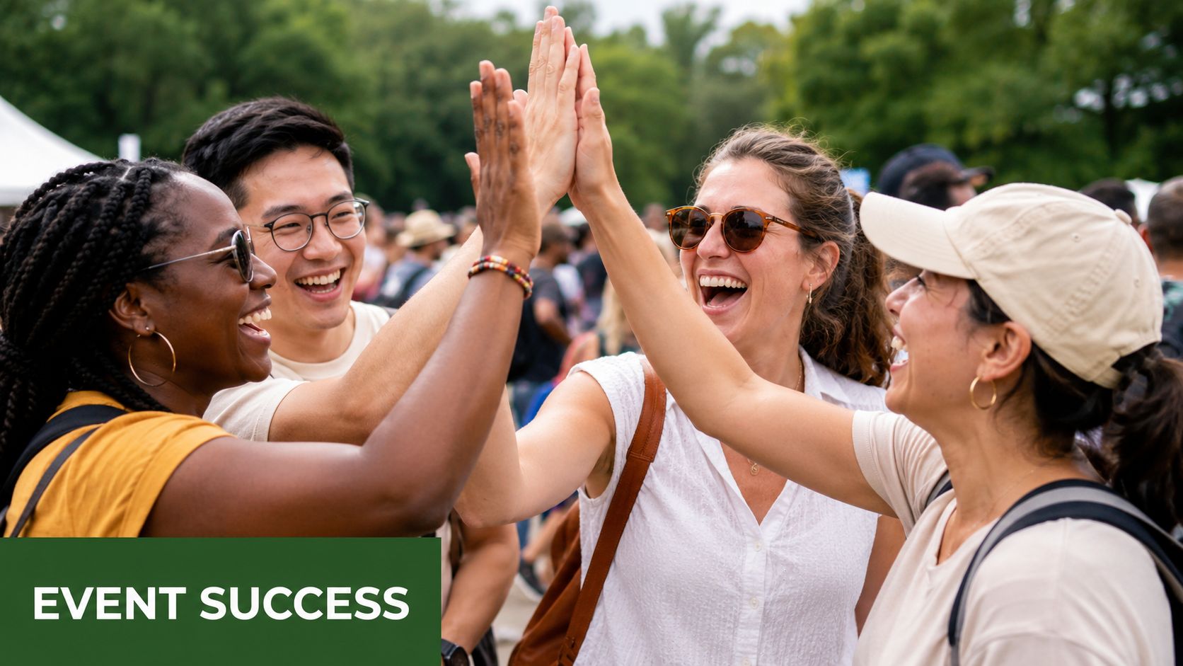A diverse group of happy friends giving a high five at an outdoor outdoor event.