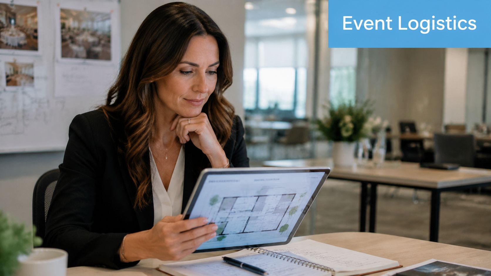 A professional woman in a suit studying event logistics floor plans on a tablet in an office.