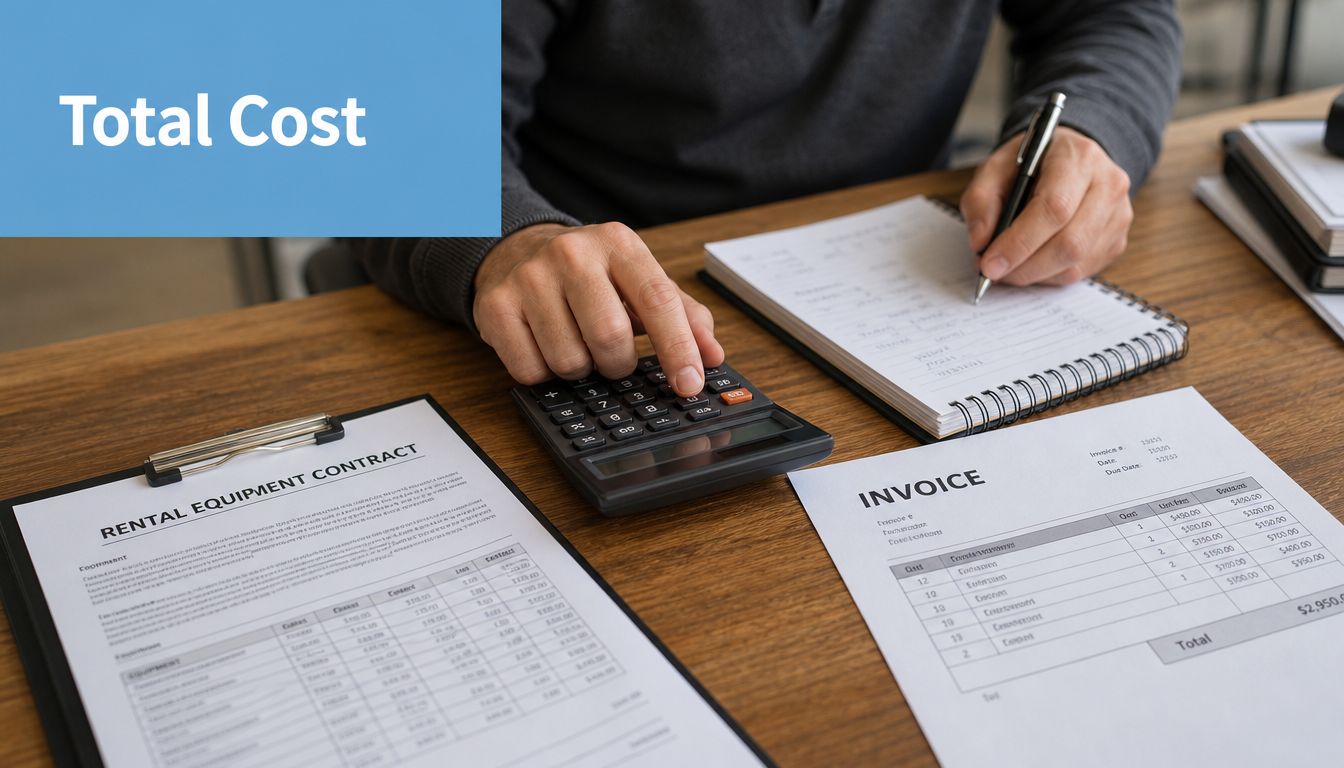 A person sitting at a wooden desk with a rental equipment contract, an invoice, and a calculator.