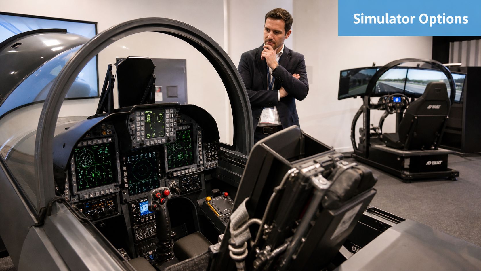 A professional man inspecting a flight simulator cockpit while a driving simulator is visible in the background.