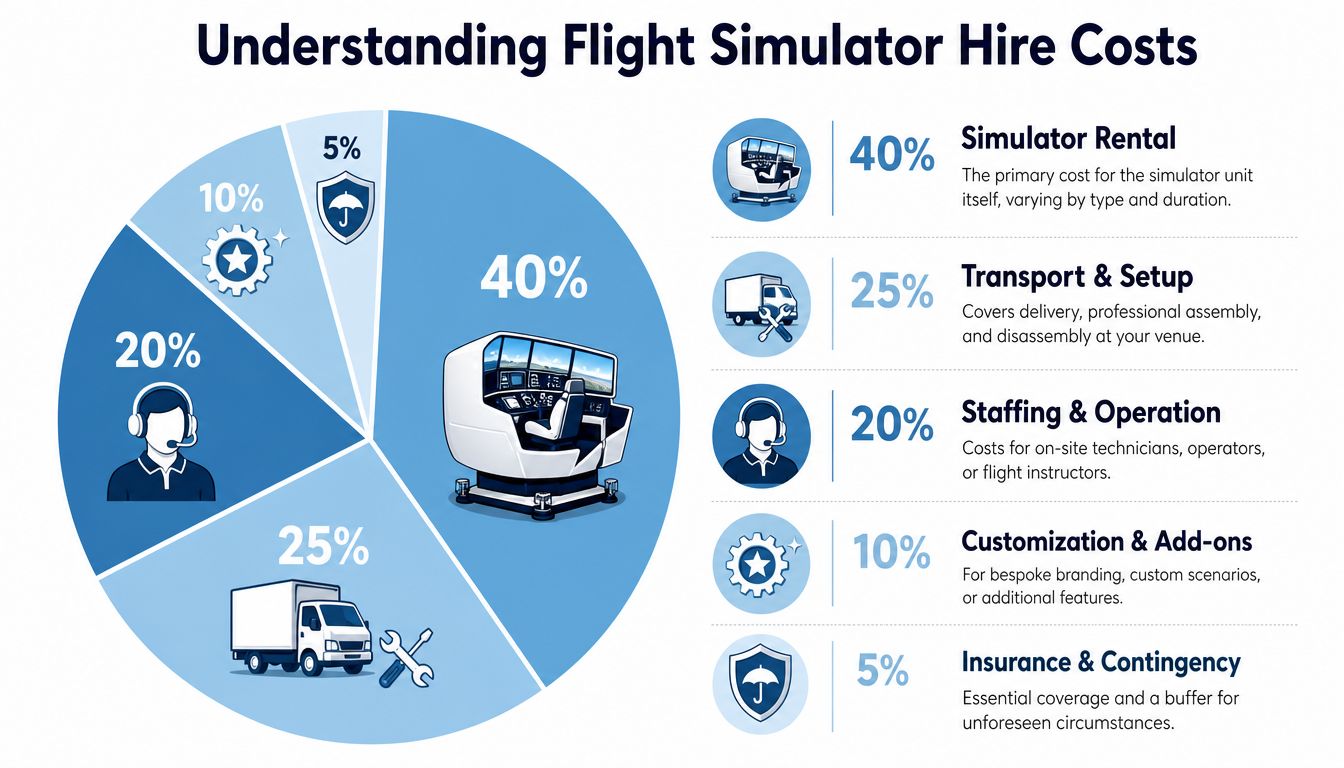 A pie chart breakdown illustrating the various cost components involved in hiring a flight simulator.