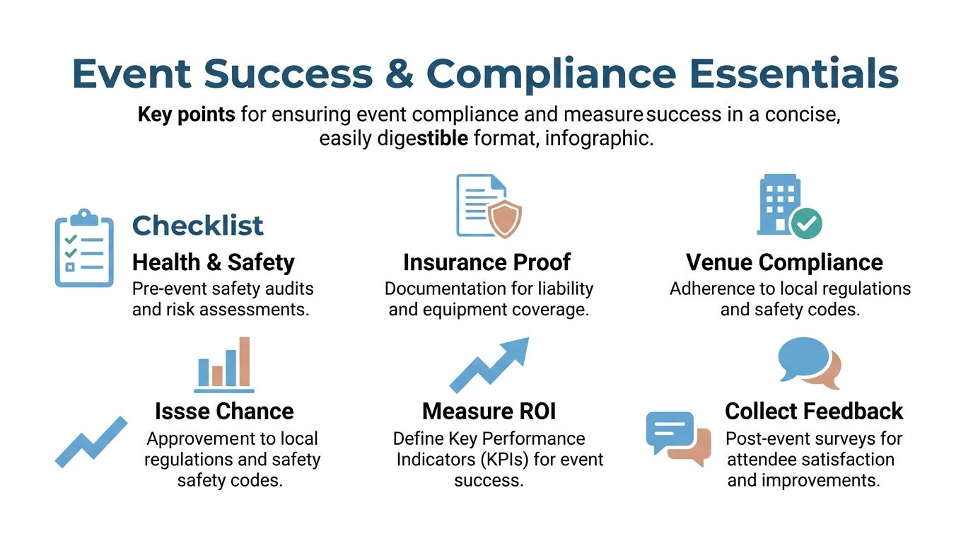 An infographic titled Event Success and Compliance Essentials outlining key points for planning safe and successful events.