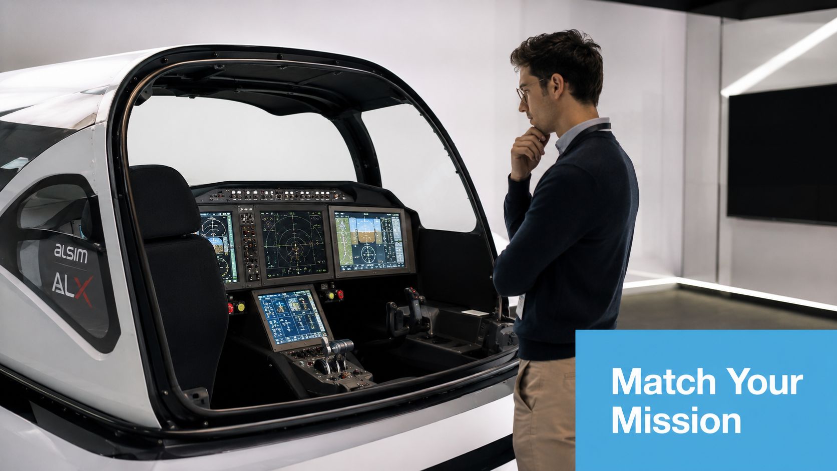 A man in a sweater stands thoughtfully next to a modern aviation flight simulator cockpit display.