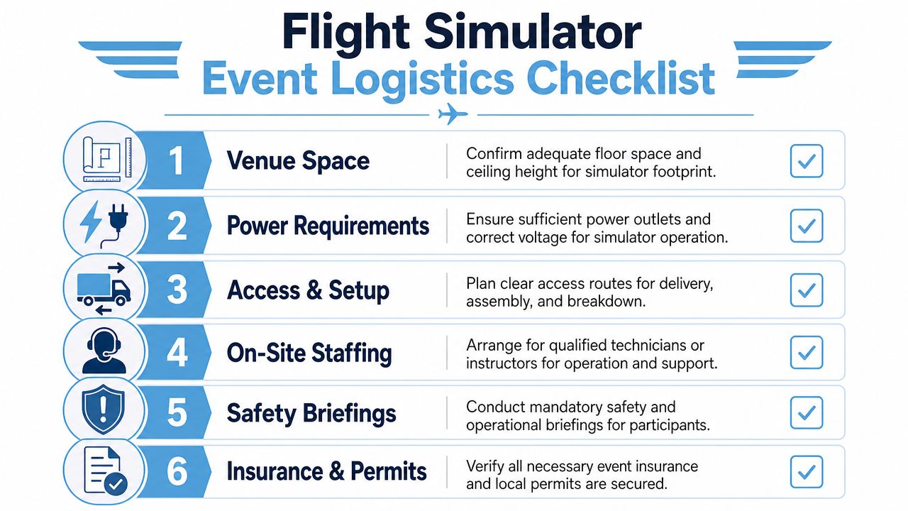 A checklist for planning a flight simulator event, covering venue, power, setup, staff, safety, and insurance.