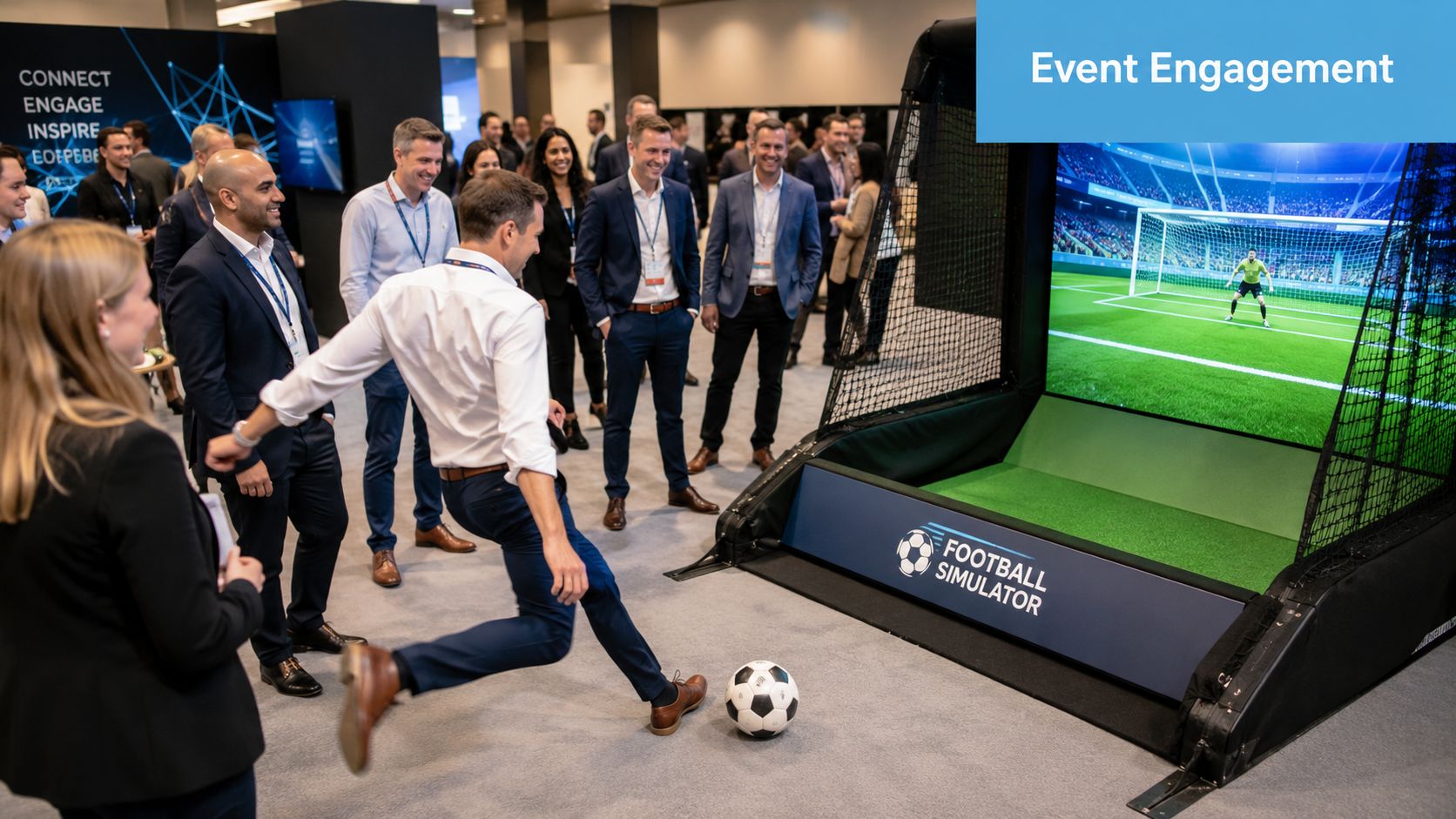 A group of professional people watching a man kicking a ball at a digital football simulator screen.