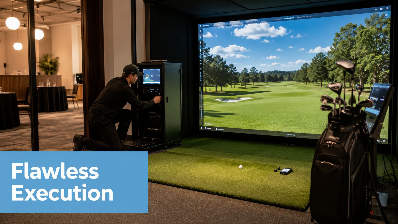 A technician sets up a professional golf simulator system in a modern indoor facility.