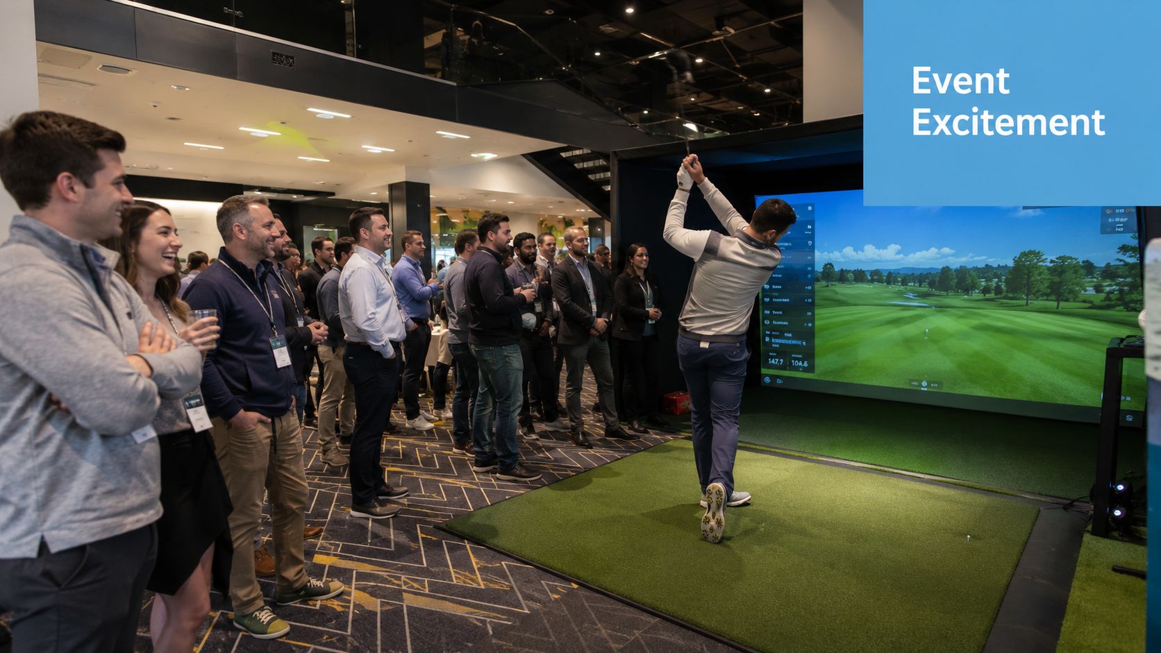 A group of professionals watching a colleague play golf on a digital simulator at an indoor event.