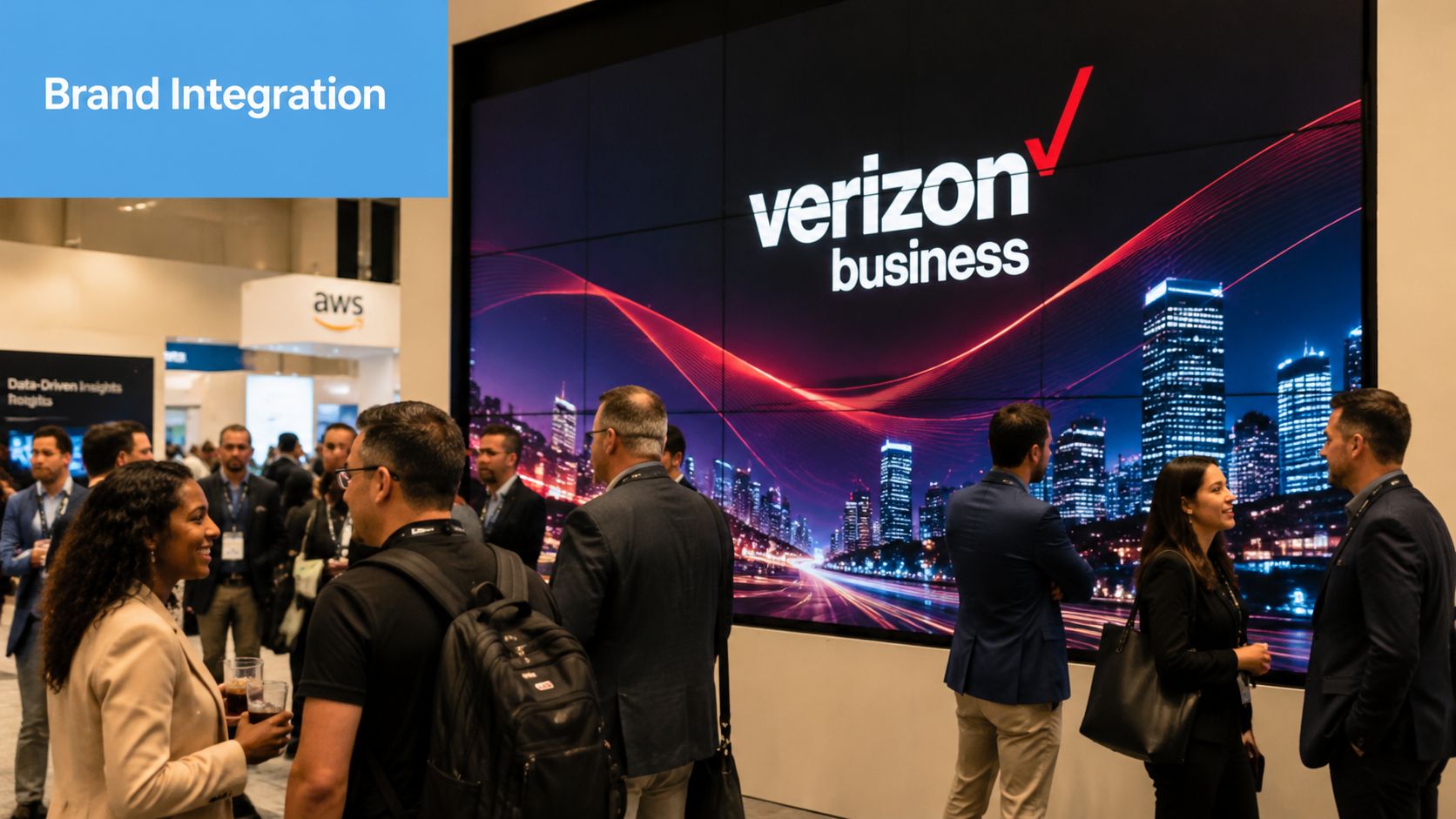 A group of professionals network in front of a large digital screen displaying the Verizon Business logo.