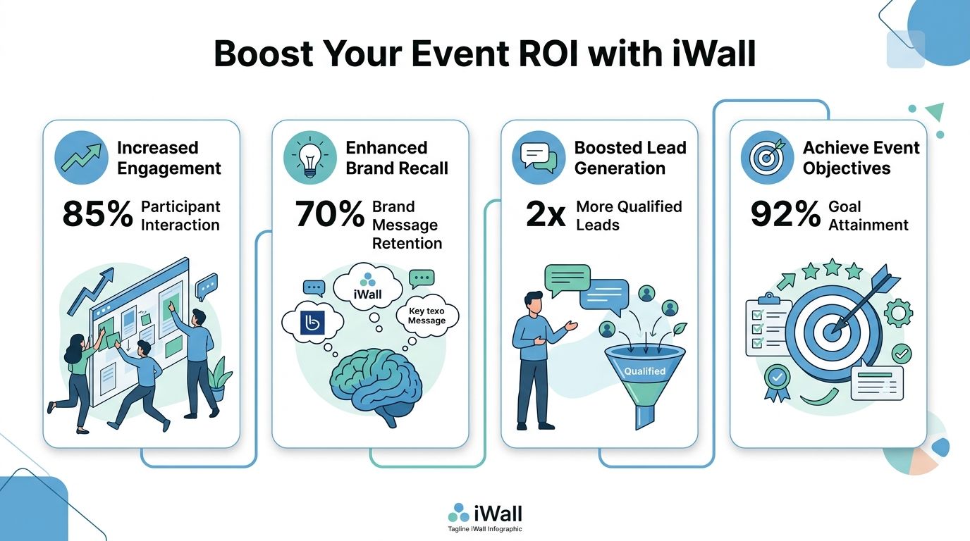 An infographic highlighting the benefits of iWall technology for increasing engagement, brand recall, lead generation, and objective attainment.
