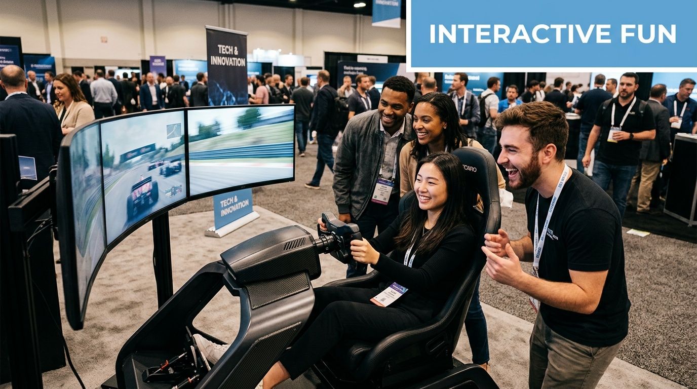 A group of colleagues enjoying a high-end racing simulator experience during a corporate technology conference event.