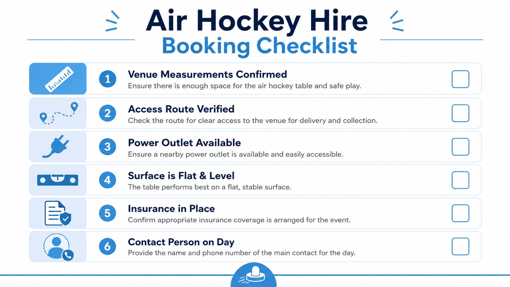 A checklist for renting an air hockey table, outlining six essential preparation steps for a successful event.