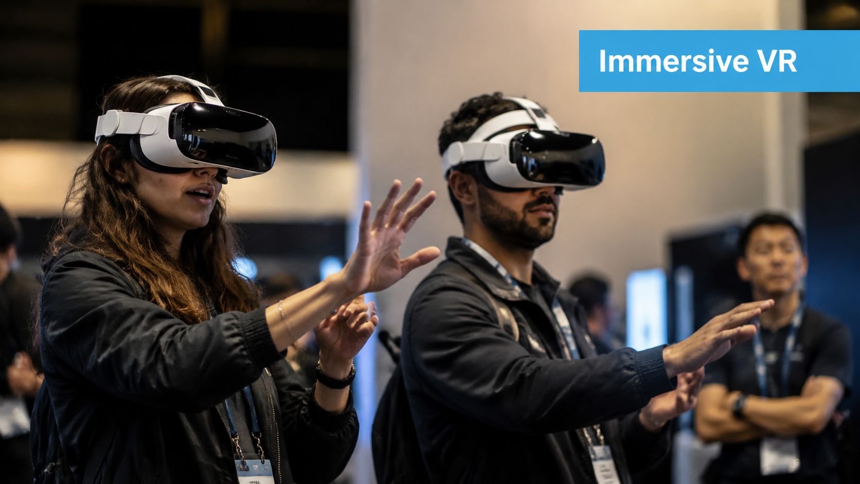 Two people wearing virtual reality headsets while using hand gestures to interact with a digital environment.