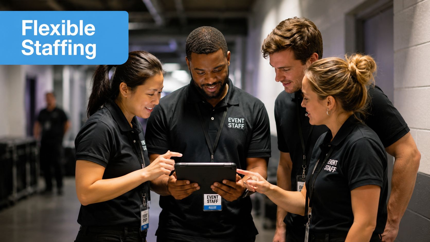 A diverse team of event staff in black shirts collaborating while reviewing information on a tablet.
