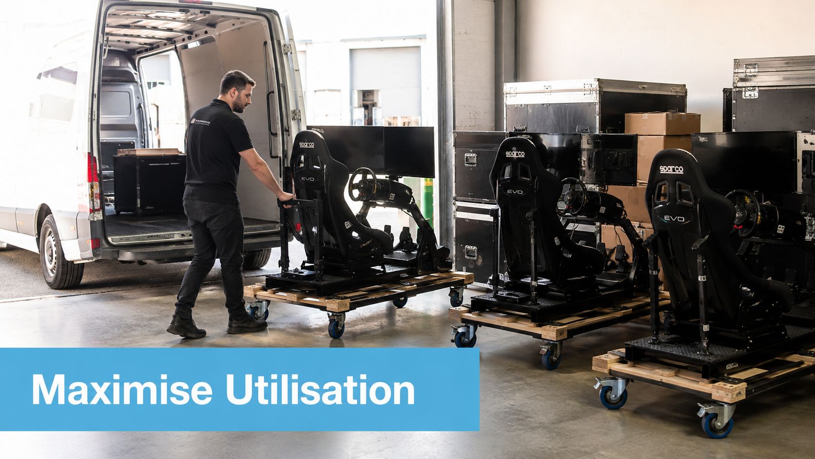 A technician moves a simulator rig on a pallet toward a van while other rigs wait nearby.