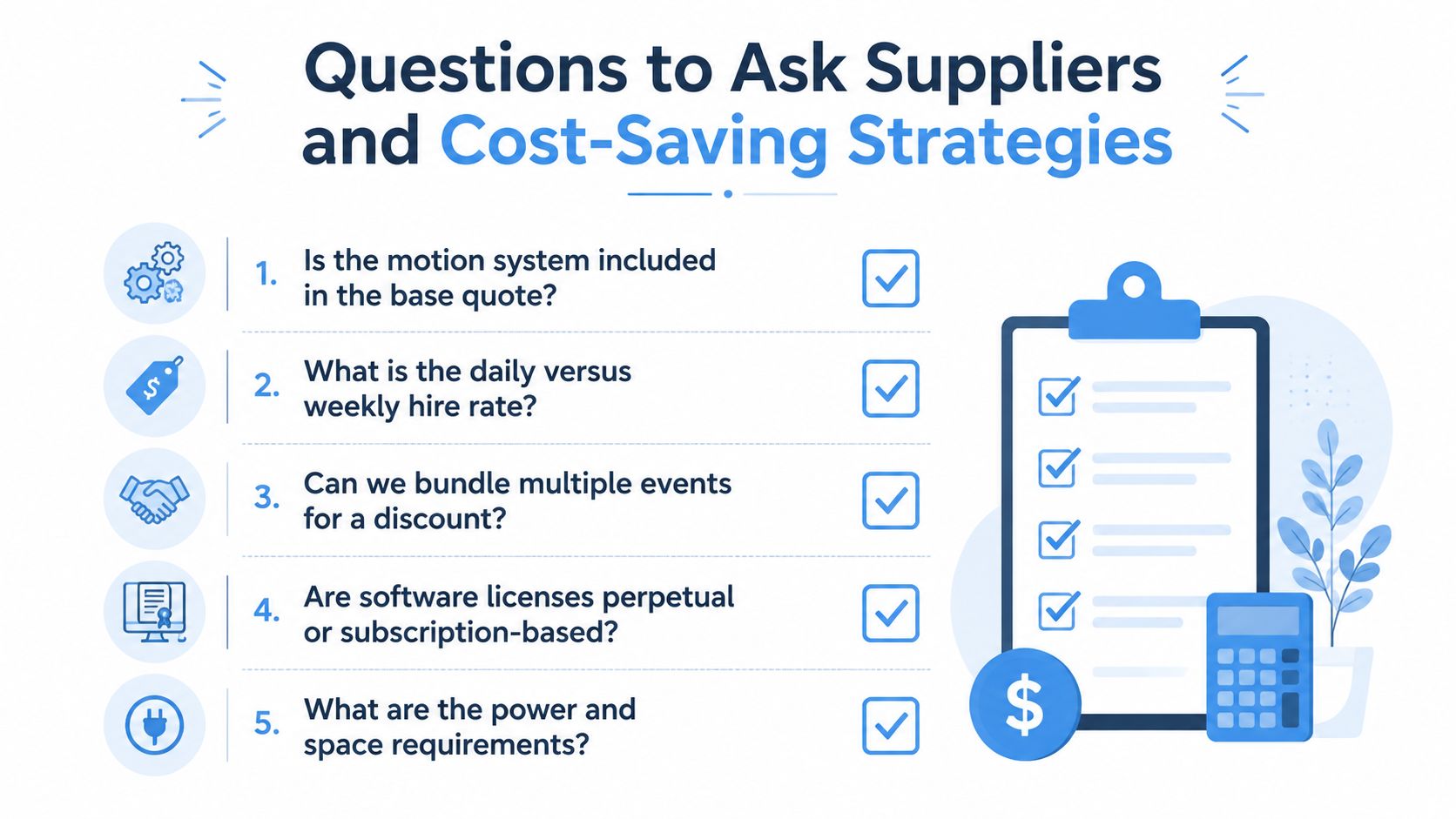 A checklist infographic titled Questions to Ask Suppliers and Cost-Saving Strategies featuring five key business questions.