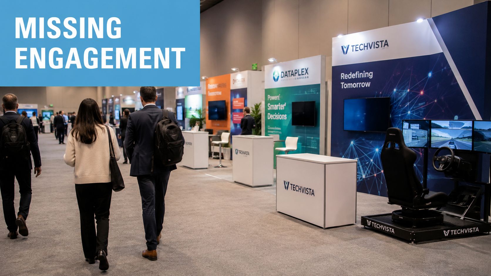 A professional business conference floor with attendees walking past company booths and interactive displays.
