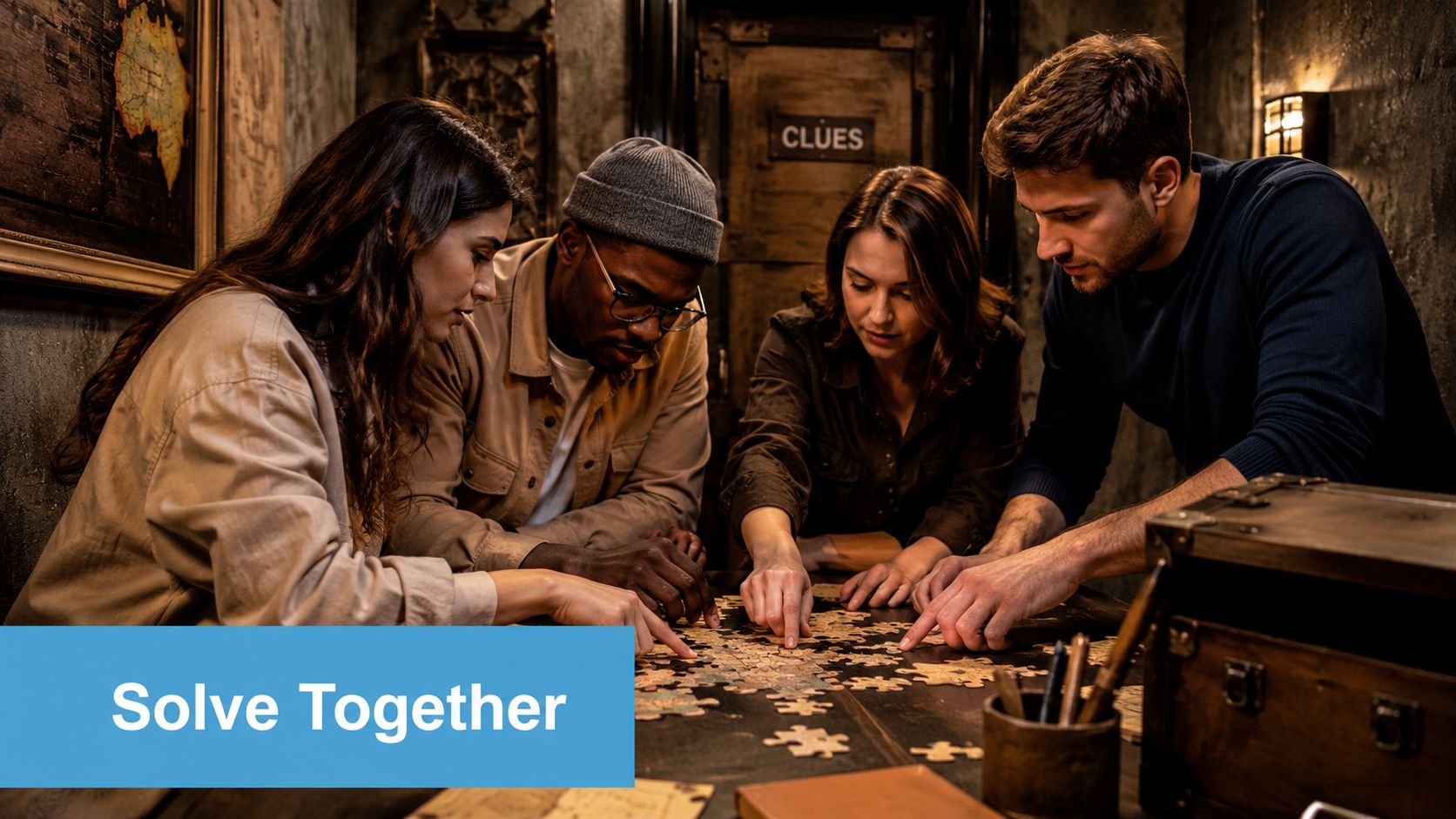 A diverse group of four young adults collaborating together to solve a jigsaw puzzle in a room.