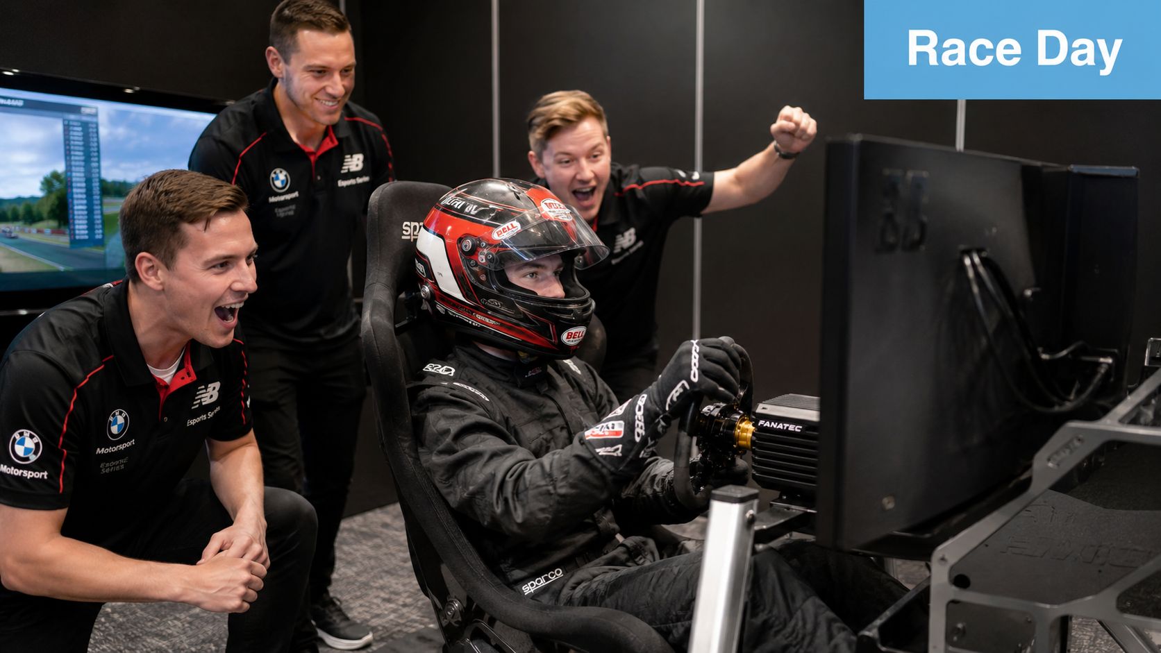 A professional racing team celebrates a successful simulation race during an engaging corporate team building event.