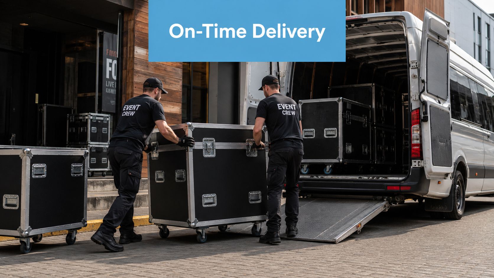 Two event crew members in black uniforms unloading a heavy flight case from a transport van.