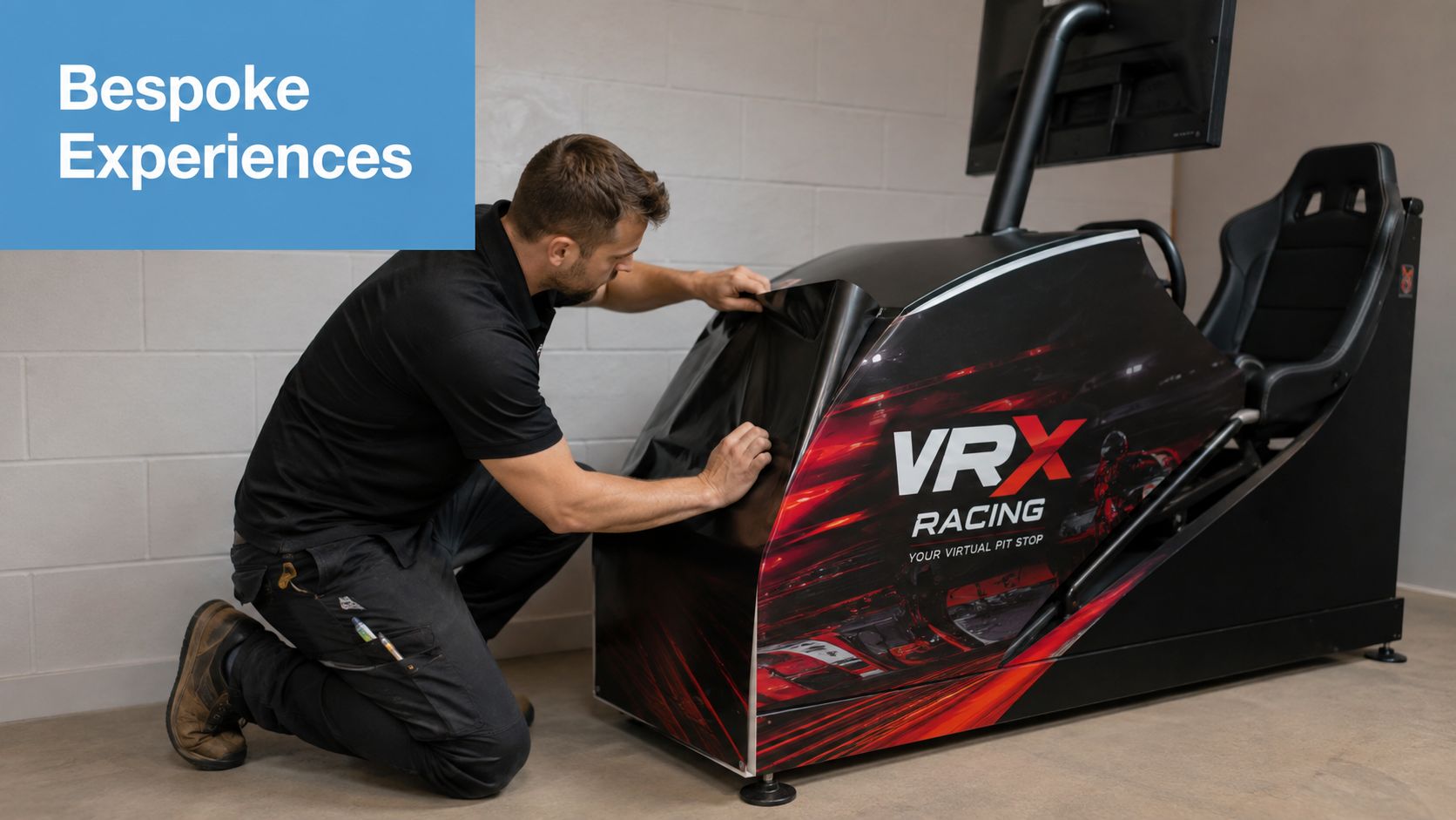 A technician applying a vinyl wrap to a professional VR racing simulator cockpit in a studio.