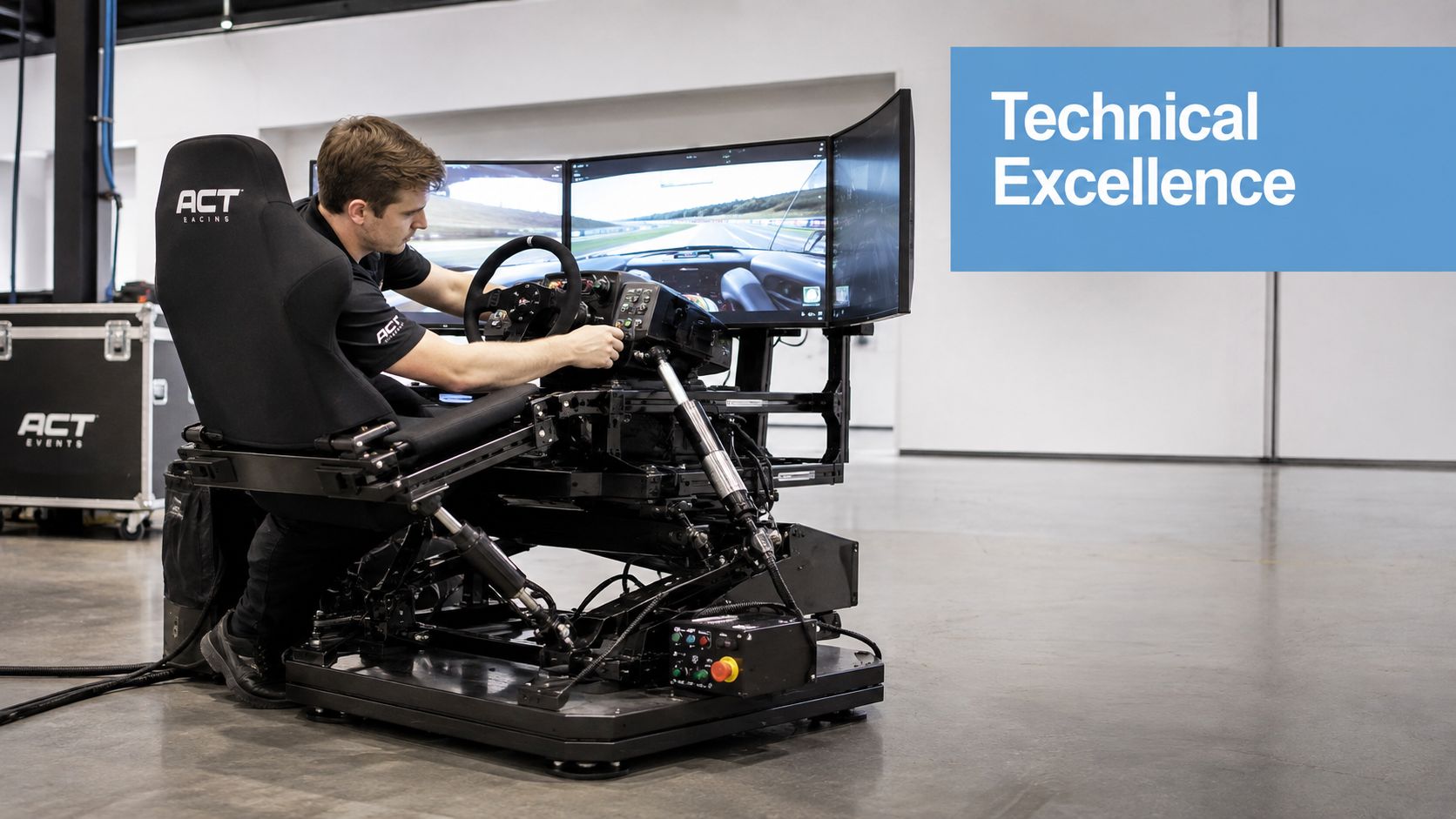 A professional racing simulator technician adjusting settings on a motion-based gaming rig in a modern studio.