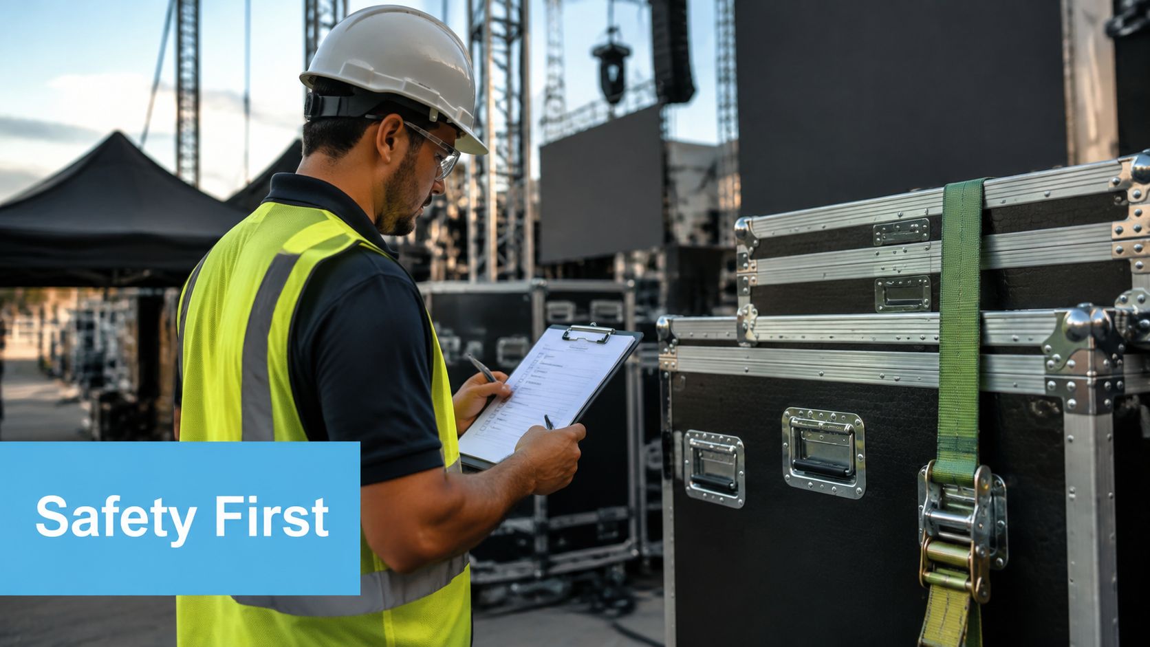 A safety inspector in a hard hat and high-visibility vest reviews a checklist at a construction site.