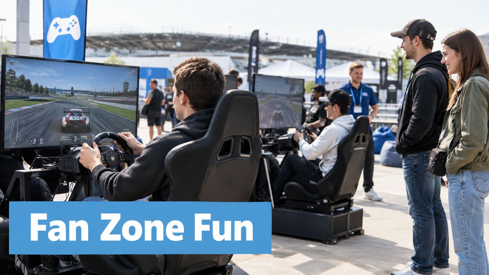 People enjoying immersive racing simulator gaming stations at an outdoor brand activation event on a sunny day.