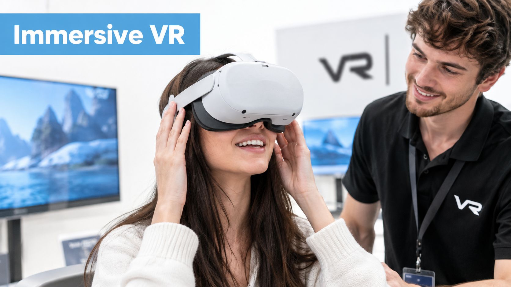 A smiling woman wearing a virtual reality headset while a man watches her during brand activation activities.
