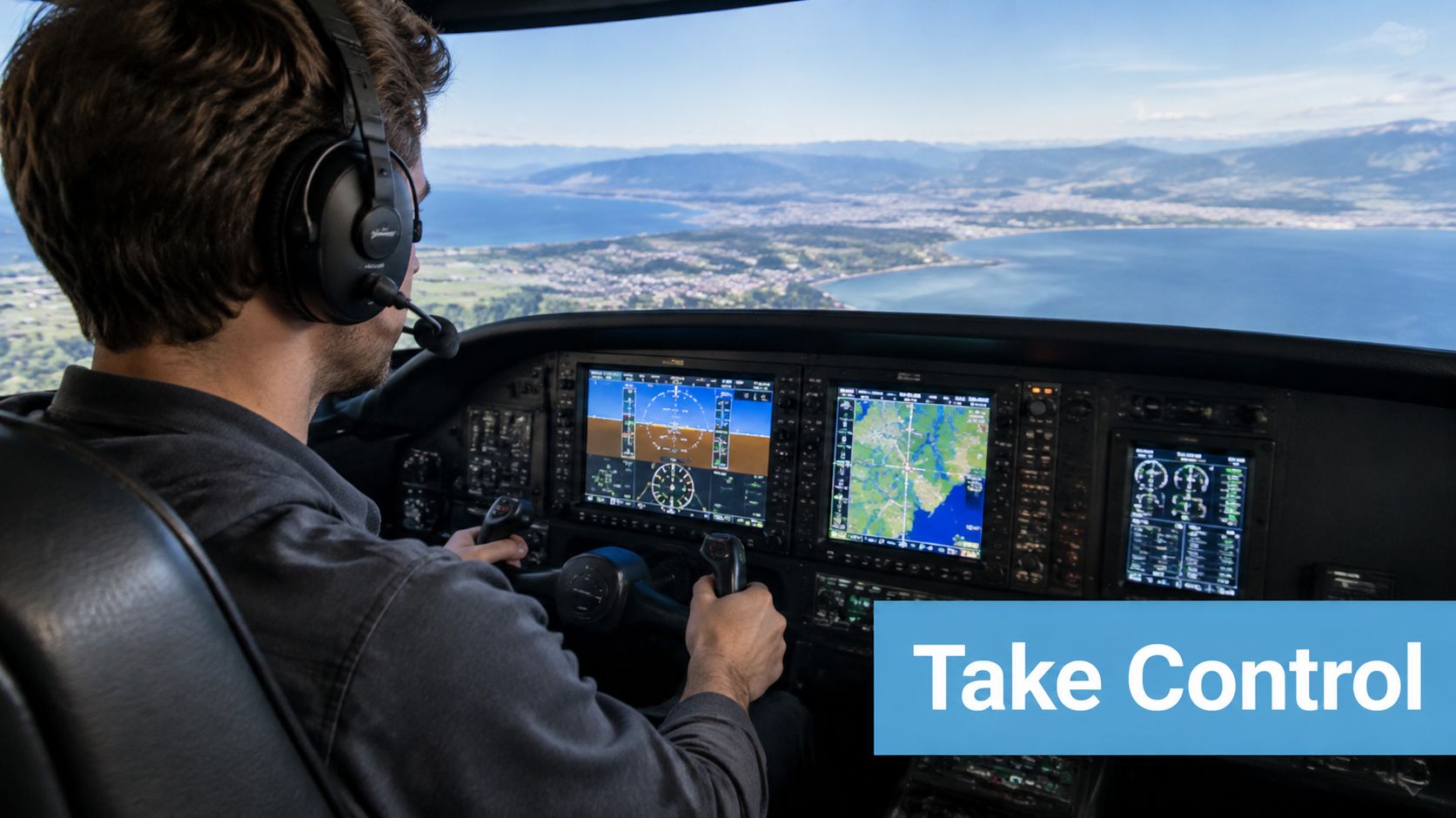A pilot view from the cockpit of a small aircraft flying over a scenic coastline.