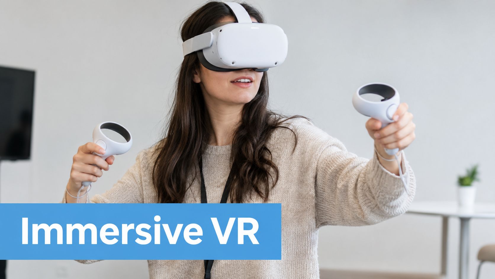 A woman wearing a VR headset and holding controllers to experience immersive virtual reality technology indoors.