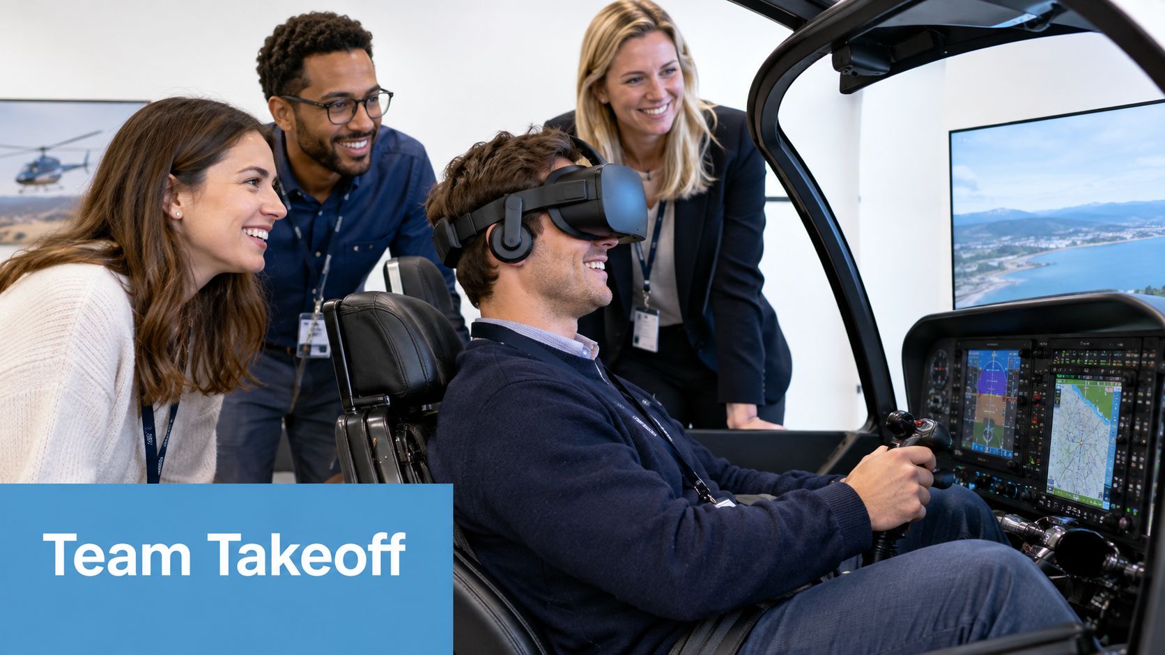A team of colleagues observing a man training in a helicopter flight simulator using virtual reality goggles.