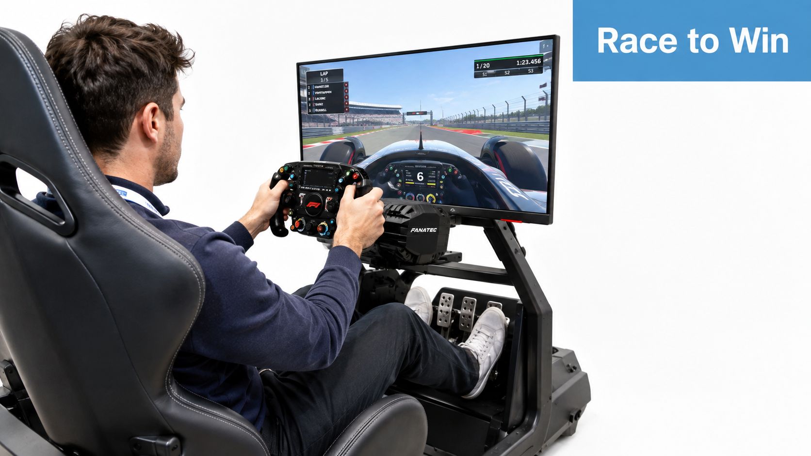 A person sitting in a racing simulator setup playing a formula one driving game at home.